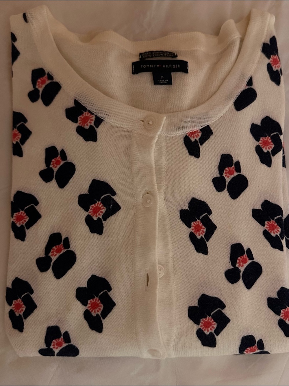Tommy Hilfiger Cream Floral Button-Front Cardigan with Navy and Red Accents